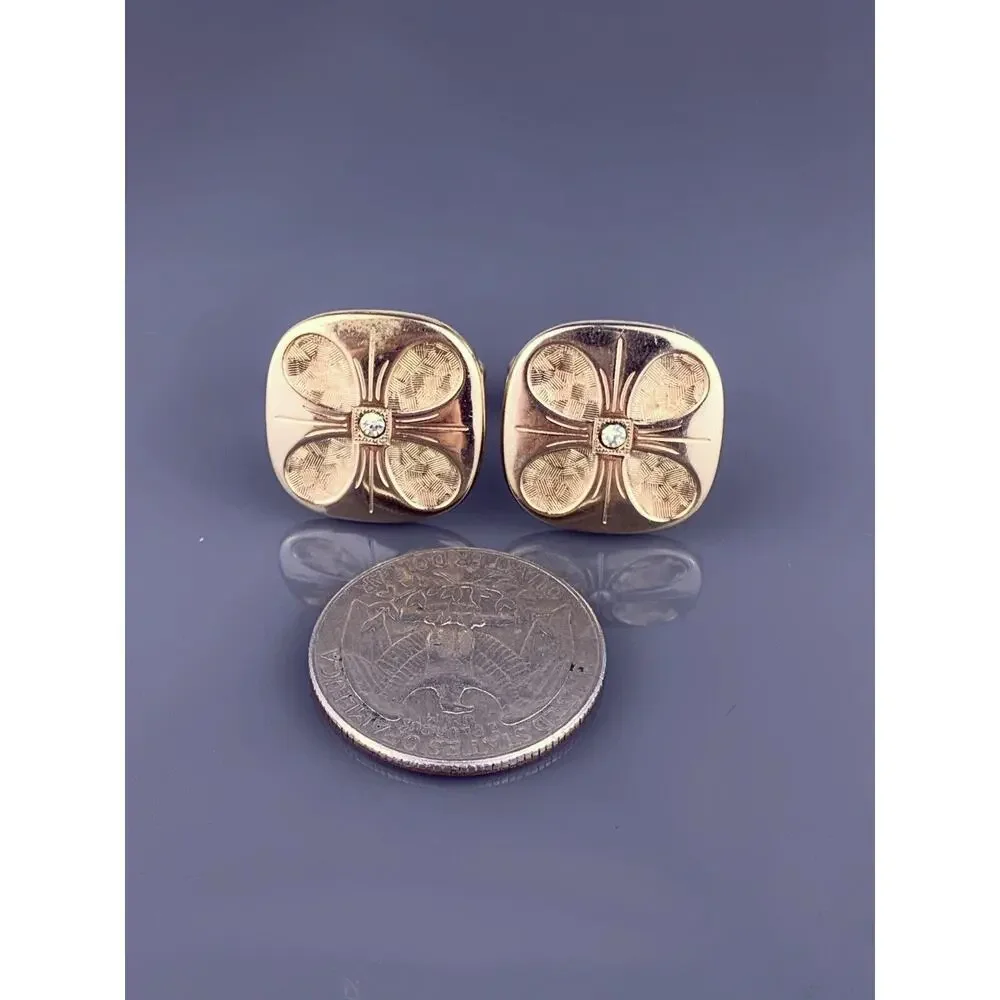 Clover White Rhinestone Cufflinks Gold Tone Etched Drops Square Vintage